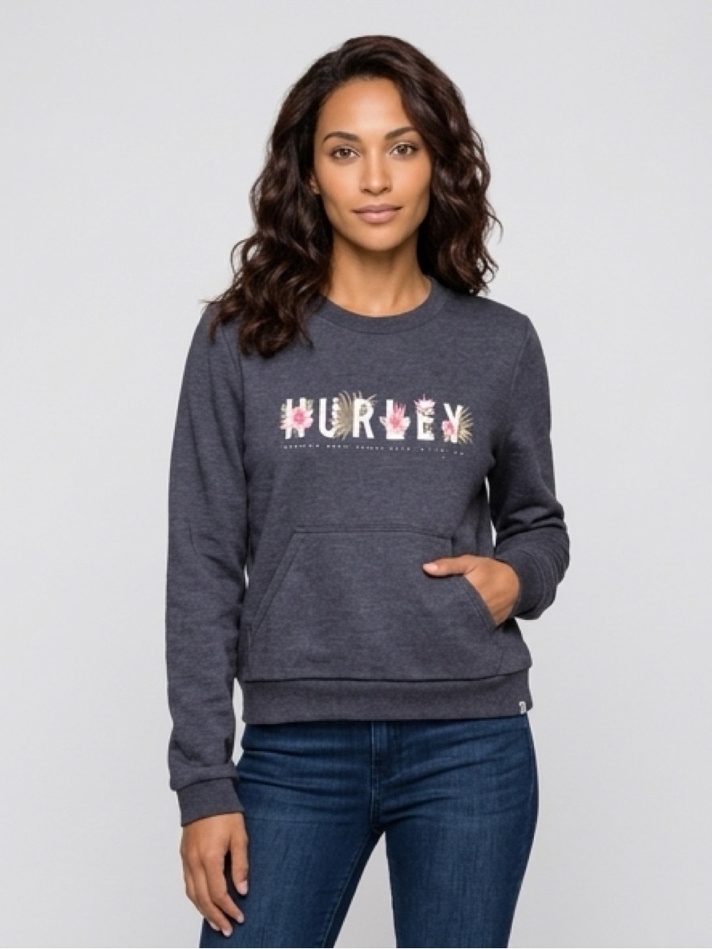 🌺Hurley Flourish Perfect Fleece Crew Pullover W/Kangaroo Pocket Gray